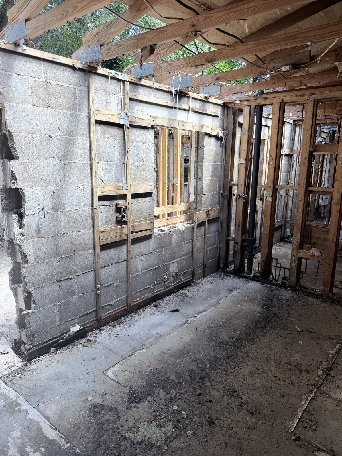 Exposed framing after selective demolition