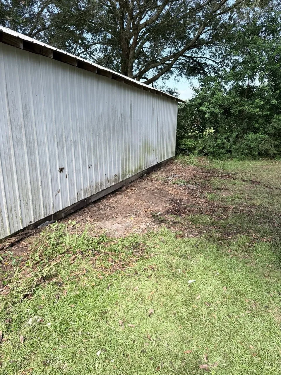 Cleared area beside a shed after debris removal